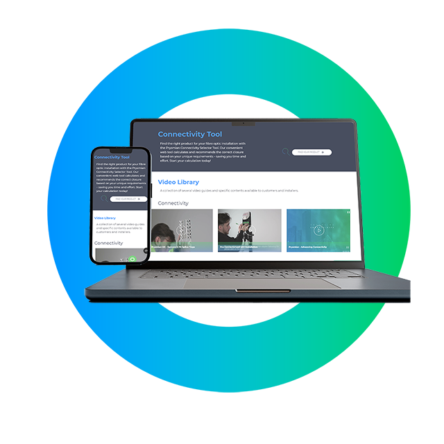 Prysmian portal being used on a laptop and phone on a blue/green gradient circle.