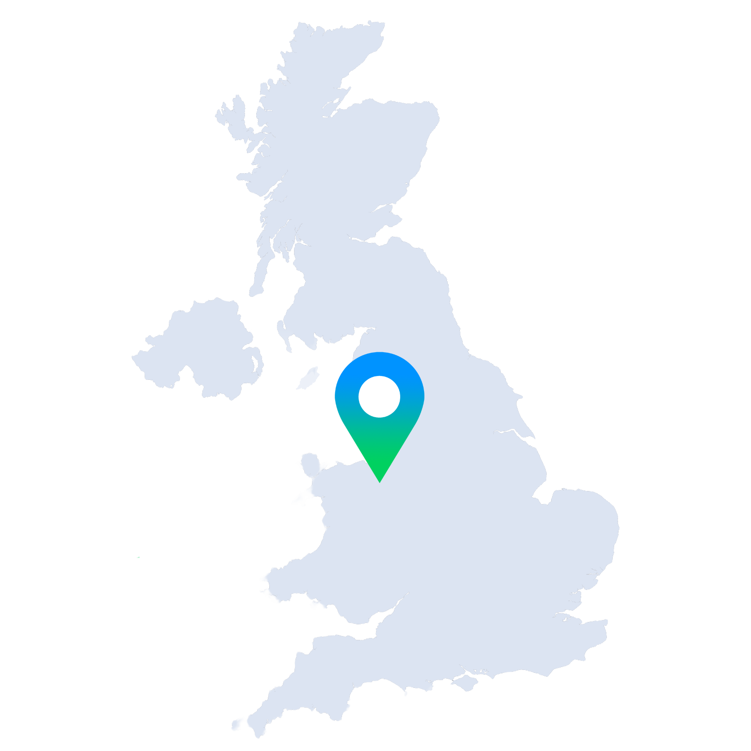 Map of the UK with a marker showing the location of the Prysmian factory in Wrexham, North Wales.