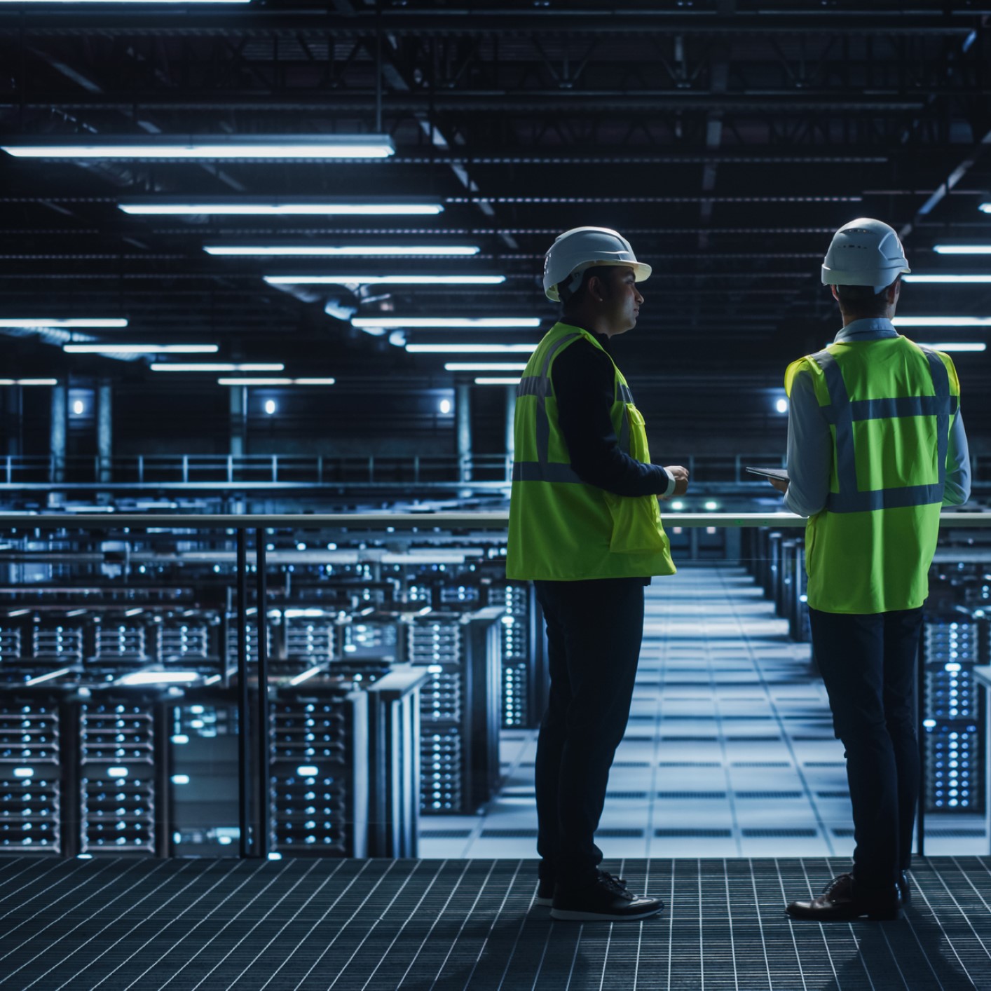 Data Center IT Specialist and System administrator Talk, Use Tablet Computer, Wearing Safety West. Server Cloud Farm Facility with Two Information Technology Engineers checking Cyber Security