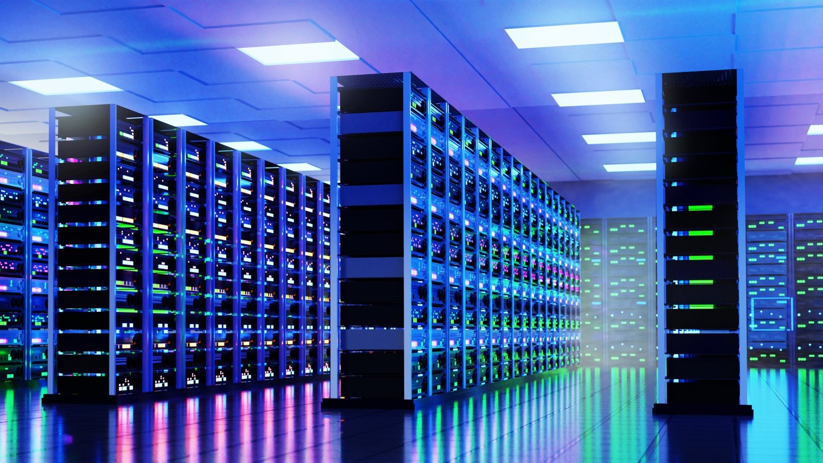 An image of rows of data racks inside a building