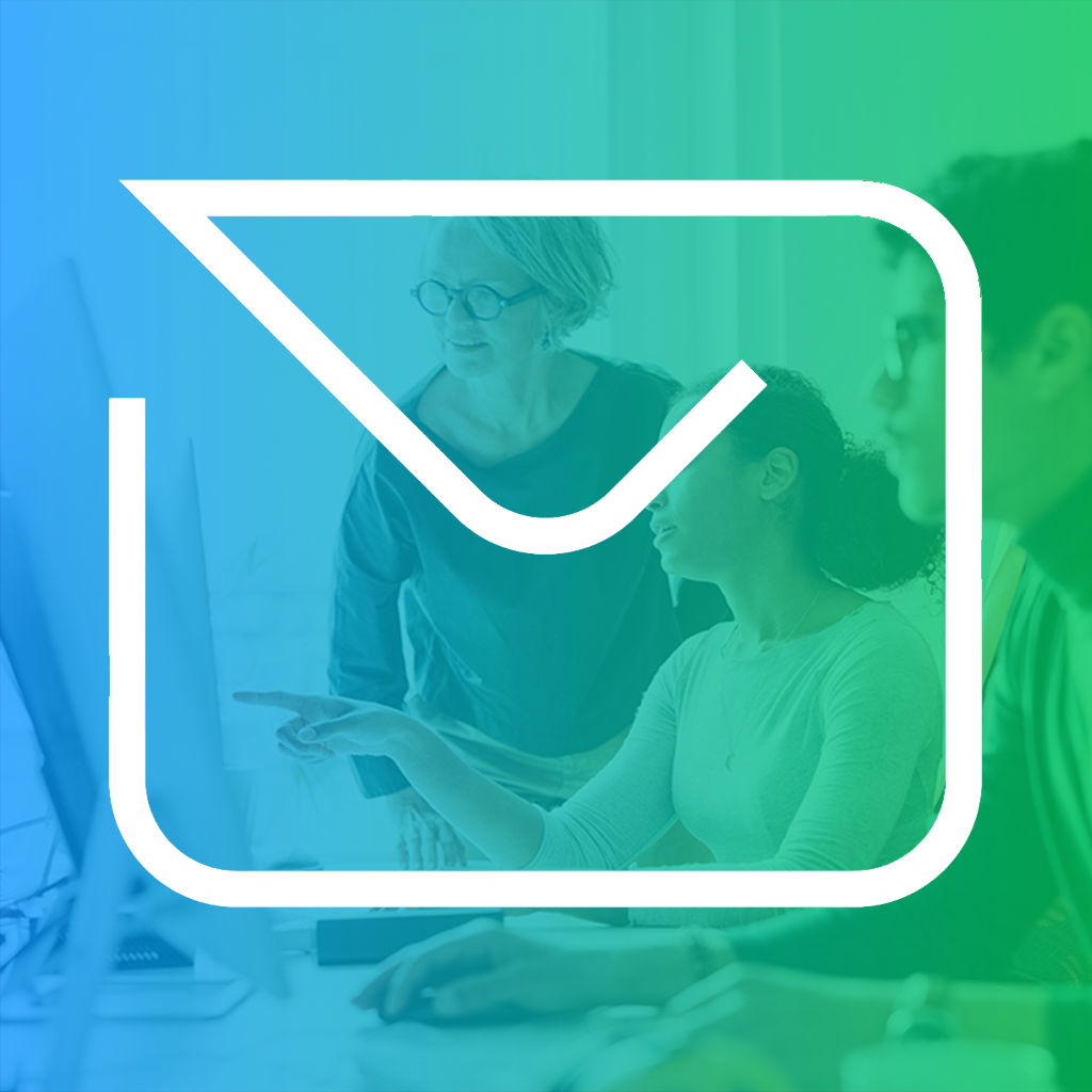 People looking at a screen behind a blue to green gradient and a white email icon on top