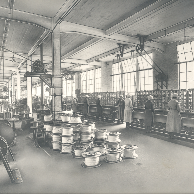 Black and white photo of an old cable factory