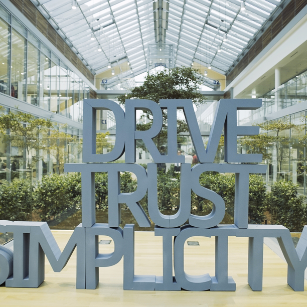 Drive, Simplicity and Trust on large letters in the Prysmian HQ Foyer