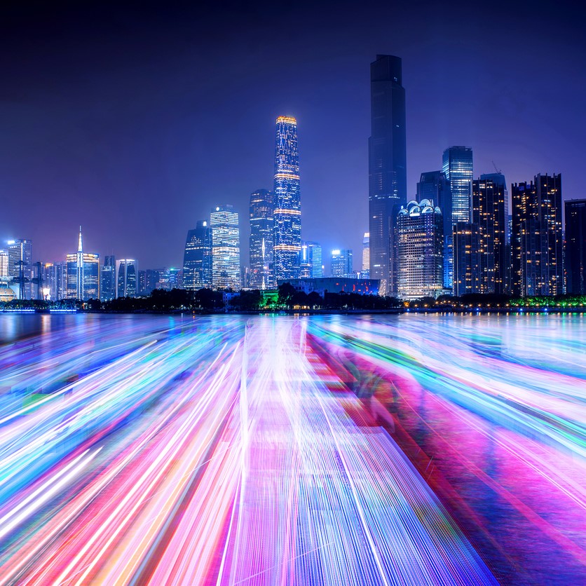 city skyline and light line on the river