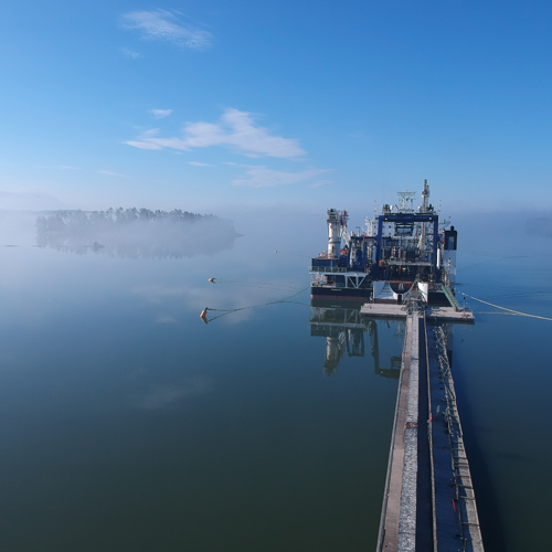 Prysmian cable laying ship on a misty lake
