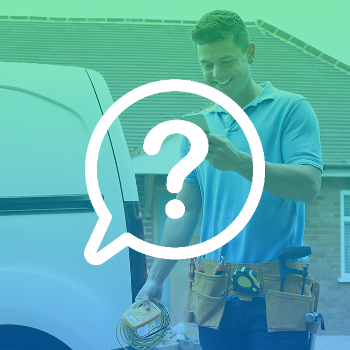 Electrician Checking Message On Mobile Phone with question mark overlaid on them
