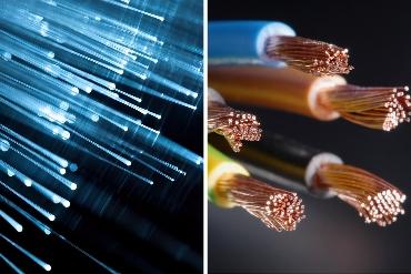 a dual image showing fibre optic strands on the left and copper cables on the right