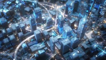 abstract image showing a a cityscape with imaginary fibre routes
