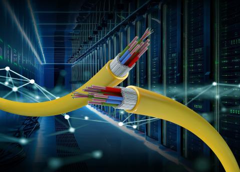 abstract image showing two yellow cables with data centre racks in the background.